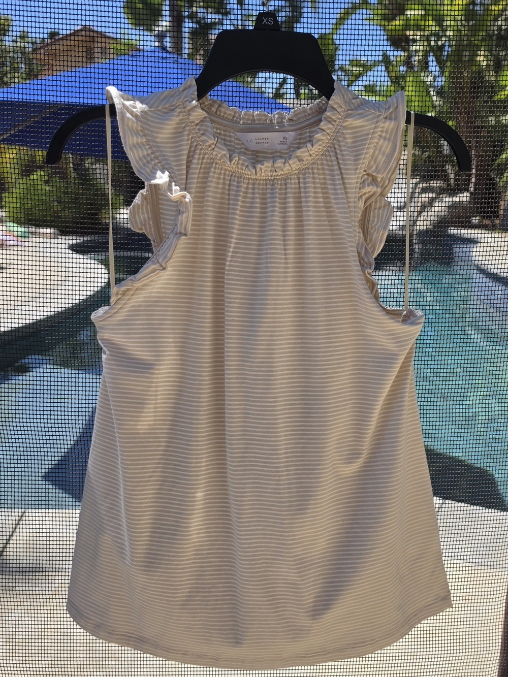 LC Lauren Conrad Cream and White Striped Ruffle Neck Tank
